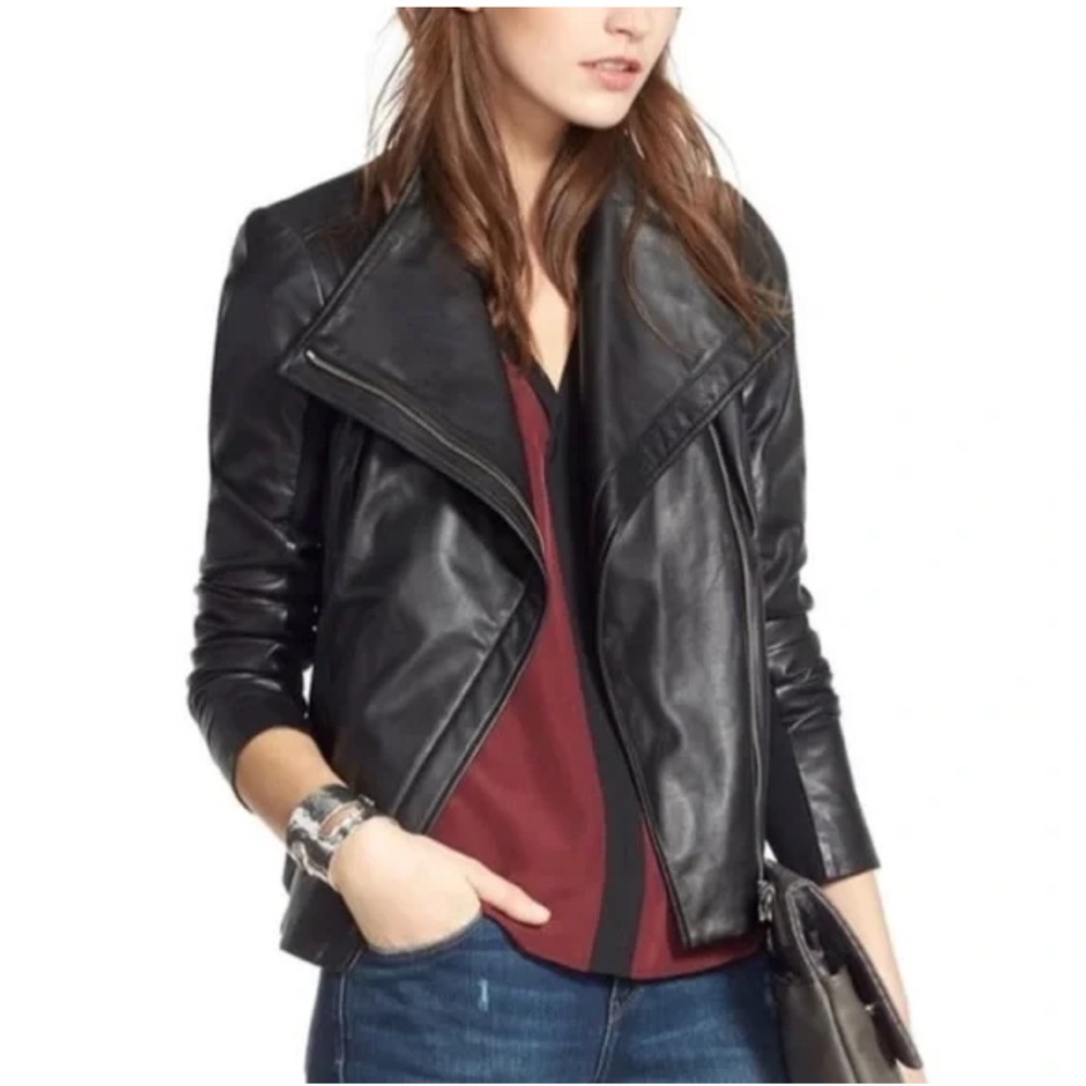 Trouve Black Leather Draped Moto Jacket